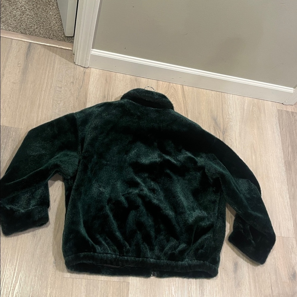 Gallery Vegan Faux Fur Bomber Coat Jacket Green collar pockets VTG vintage 90s - Picture 8 of 10